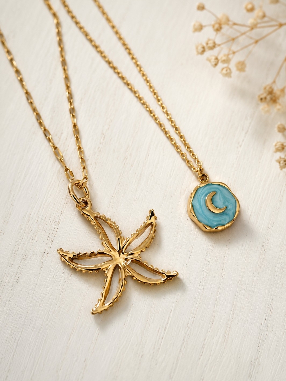 Gold Starfish & Turquoise Moon Pendant Layered Necklace - Women Jewelry